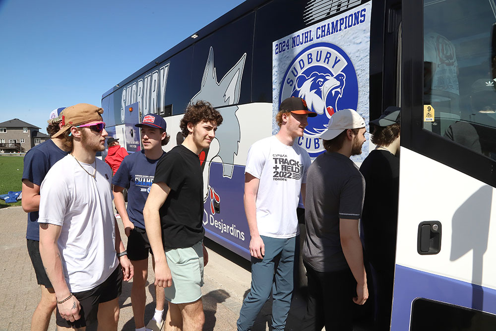 Players from the Greater Sudbury Cubs board their bus for the 2024 Centennial Cup national championships on Tuesday May 7, 2024. John Lappa/Sudbury Star/Postmedia Network
